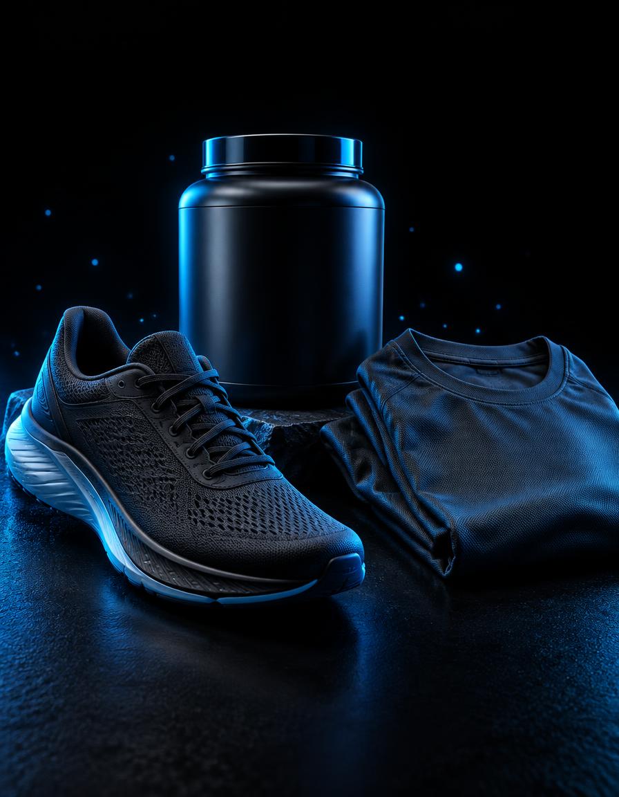Tênis de corrida, camiseta dry fit dobrada e pote de creatina com iluminação azul