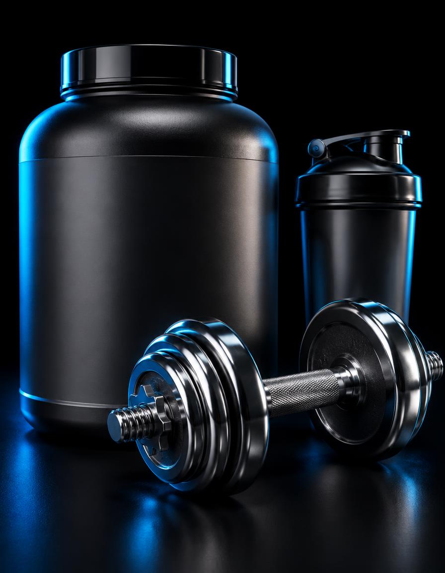 Pote de whey protein, coqueteleira e halter com iluminação azul e ciano